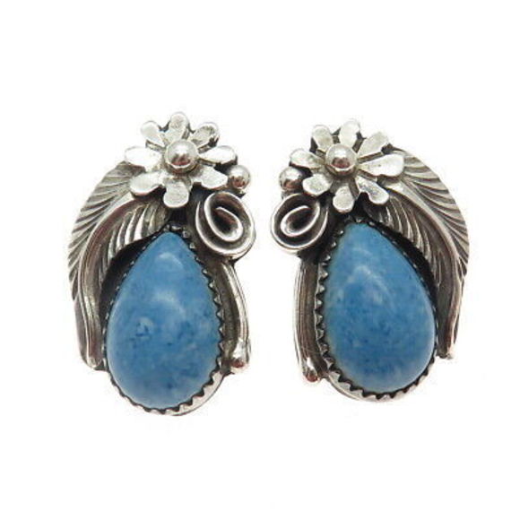 SHEENA LONG Navajo Old Pawn 925 Sterling Silver Vintage Sodalite Floral Earrings - Picture 4 of 7